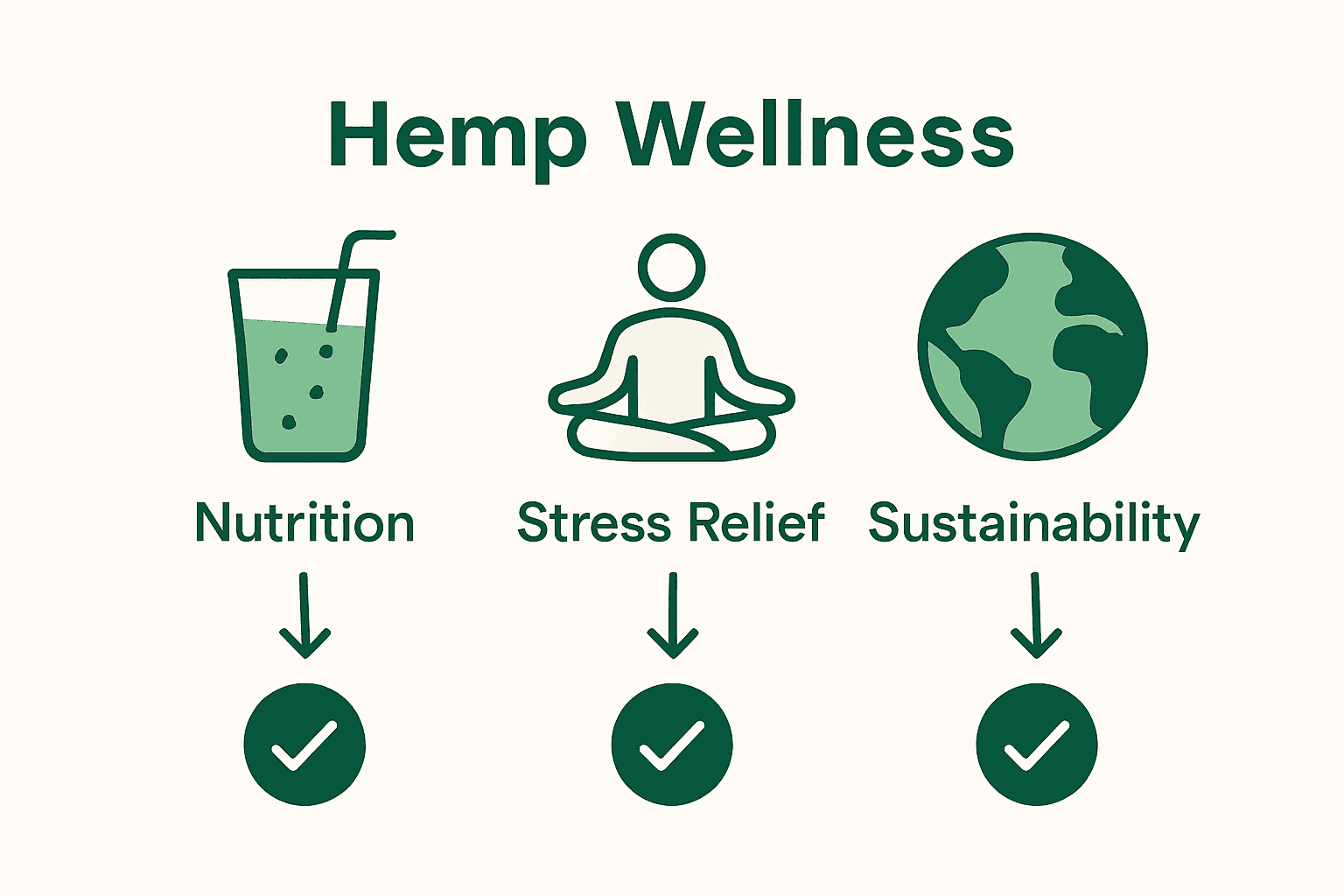 Infographic comparing hemp nutrition, stress relief, and sustainability with icons and arrows.