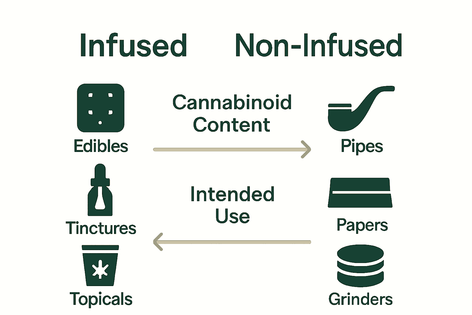 Infographic showing key differences between infused and non-infused cannabis products, including icons for edibles, tinctures, pipes, and accessories.