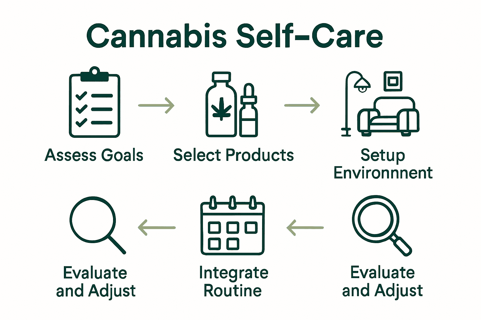 Infographic showing five steps for cannabis self-care workflow with icons.