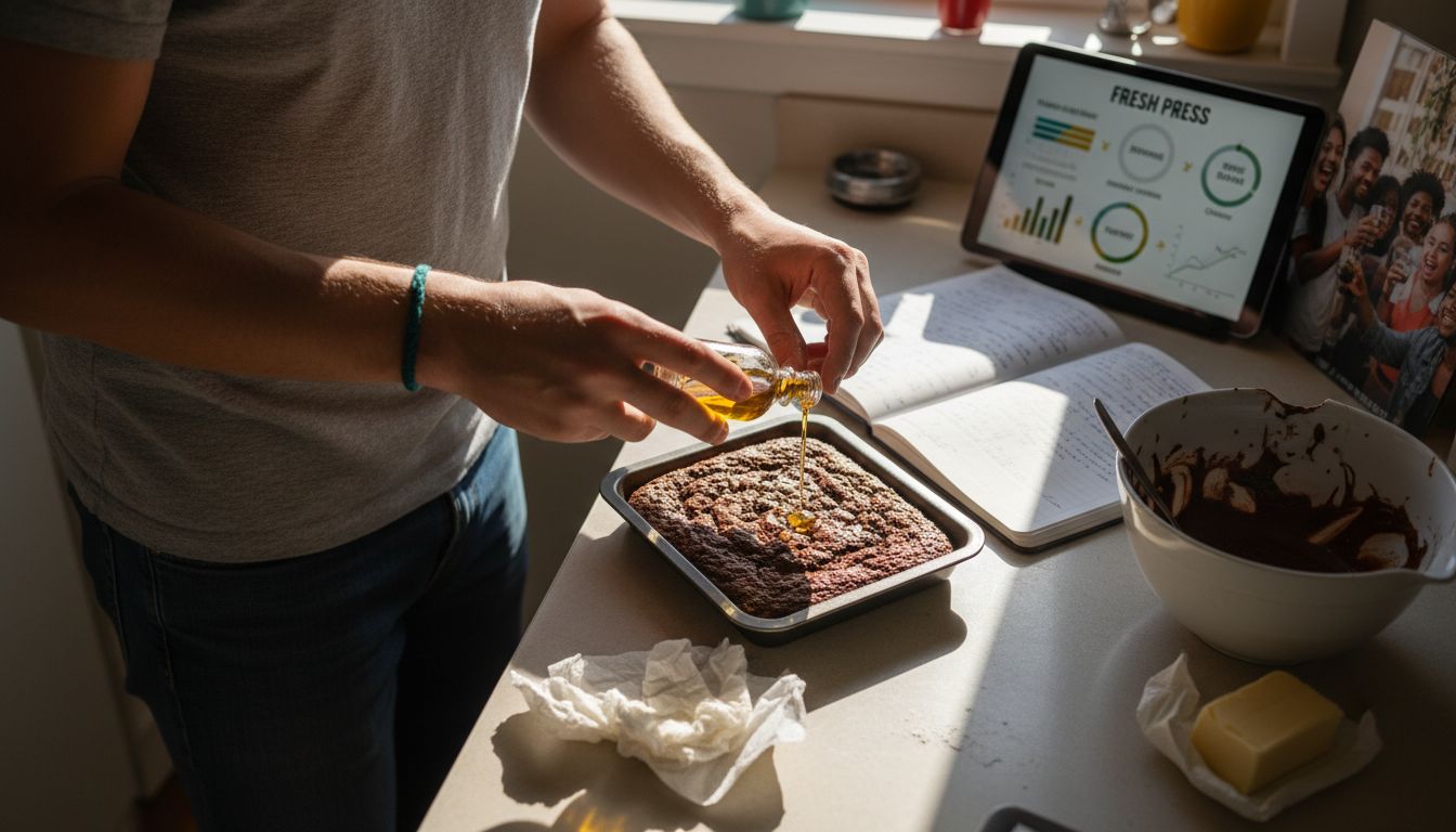 Pouring cannabis oil on brownies in kitchen