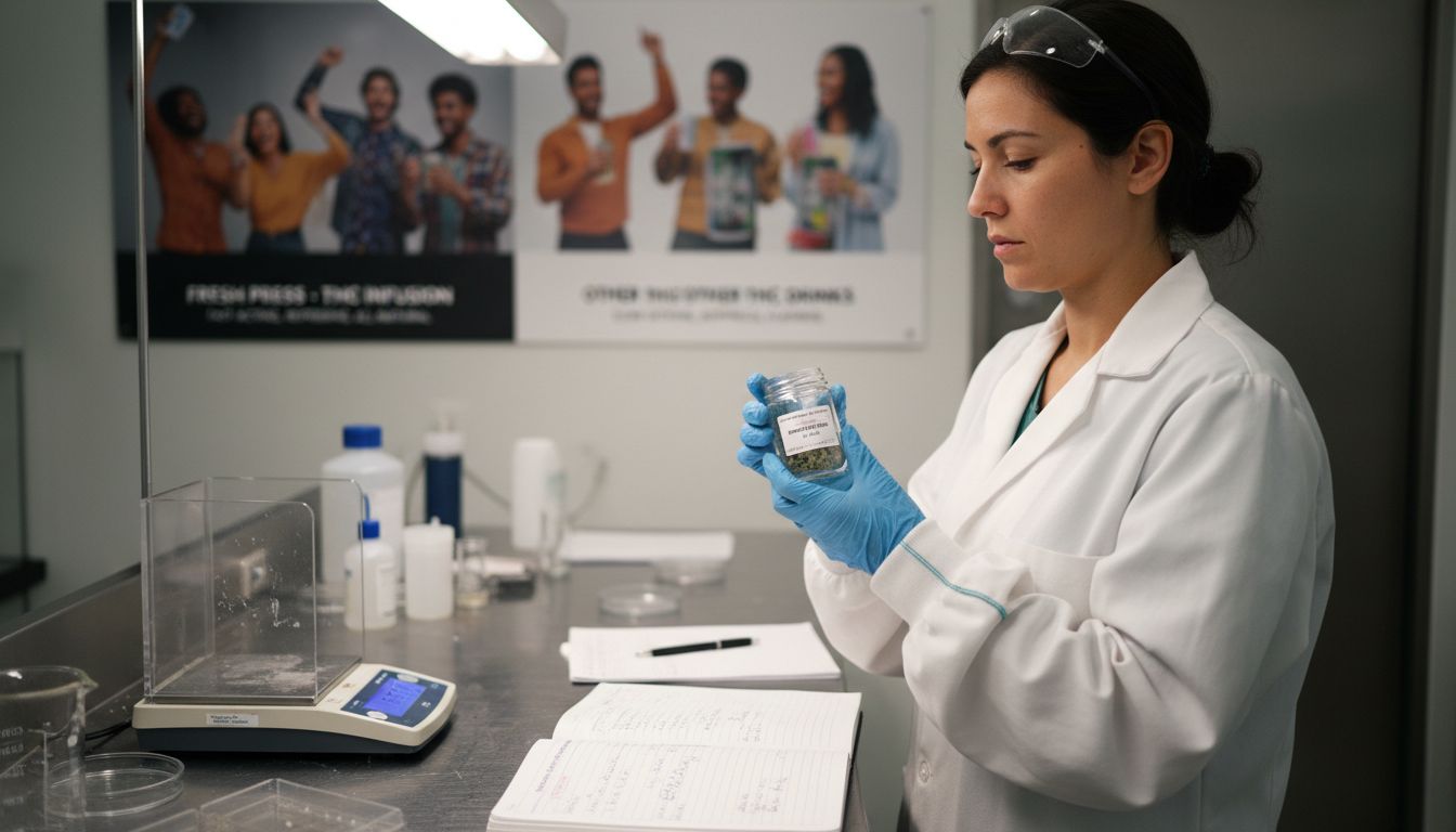 Lab technician checking cannabis flower sample