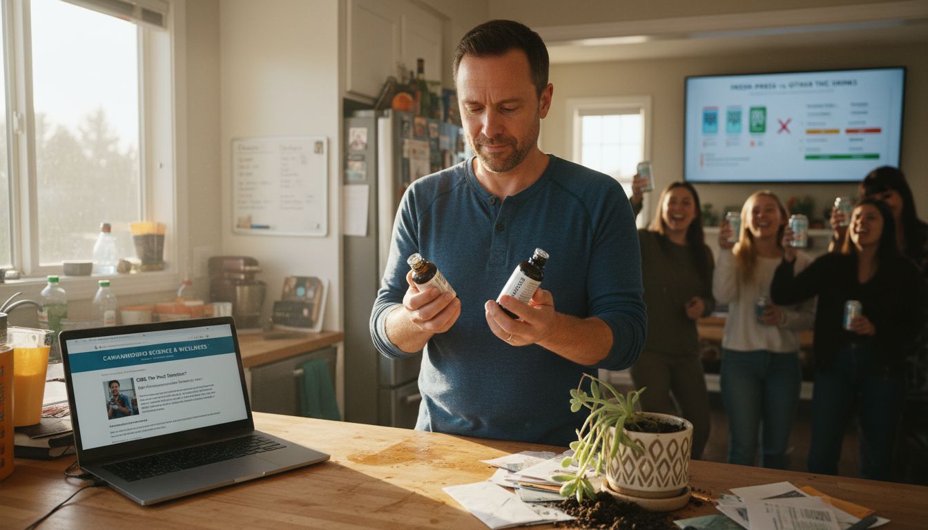 Man comparing CBG bottles at kitchen counter