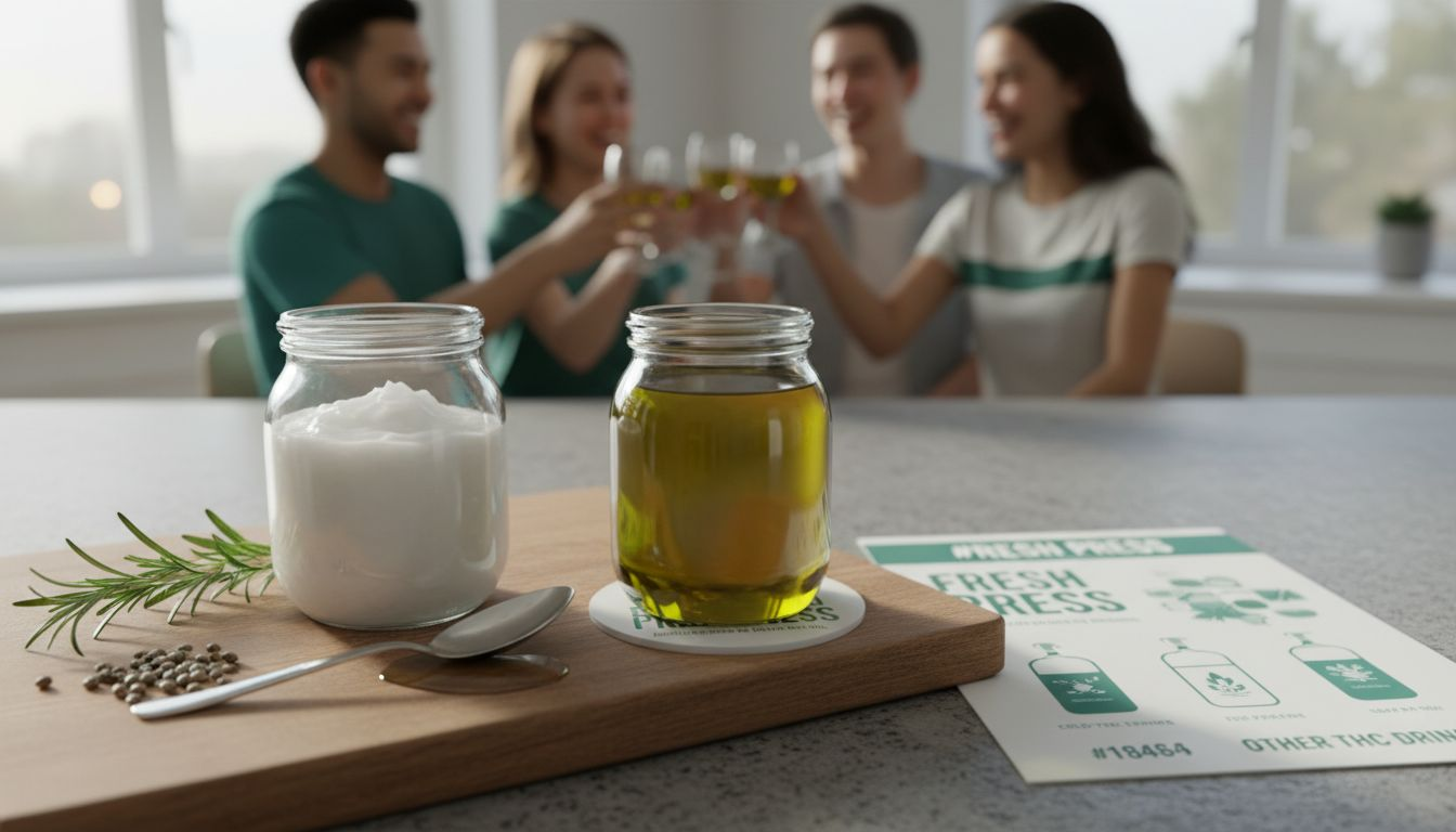 Coconut and olive oil jars with hemp seeds