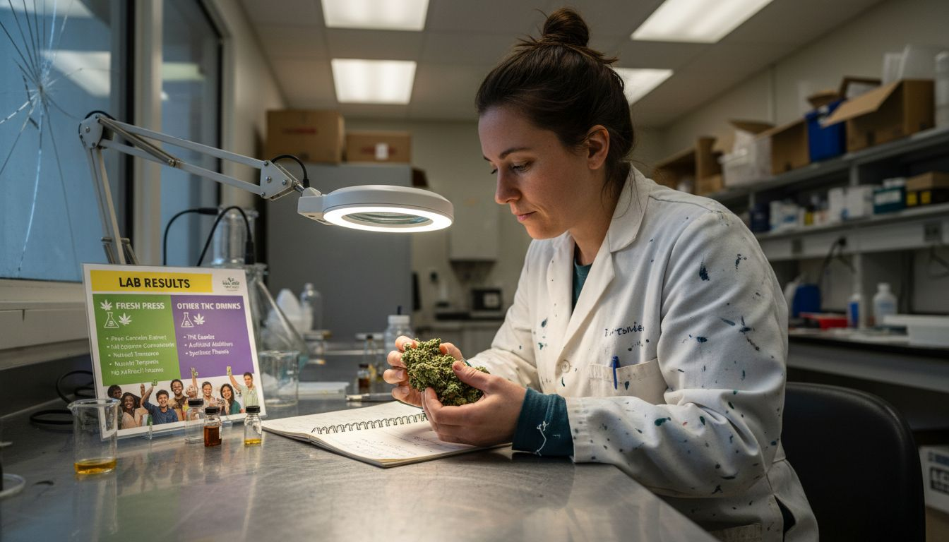 Lab technician inspects cannabis flower samples