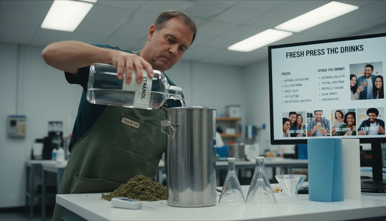 Technician pouring ethanol near hemp material