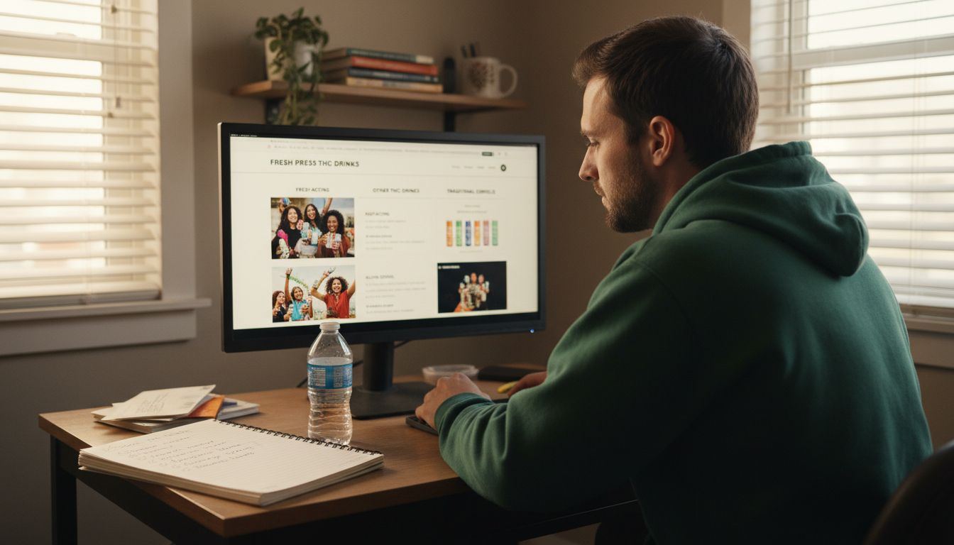 Man evaluating online hemp deals at desk