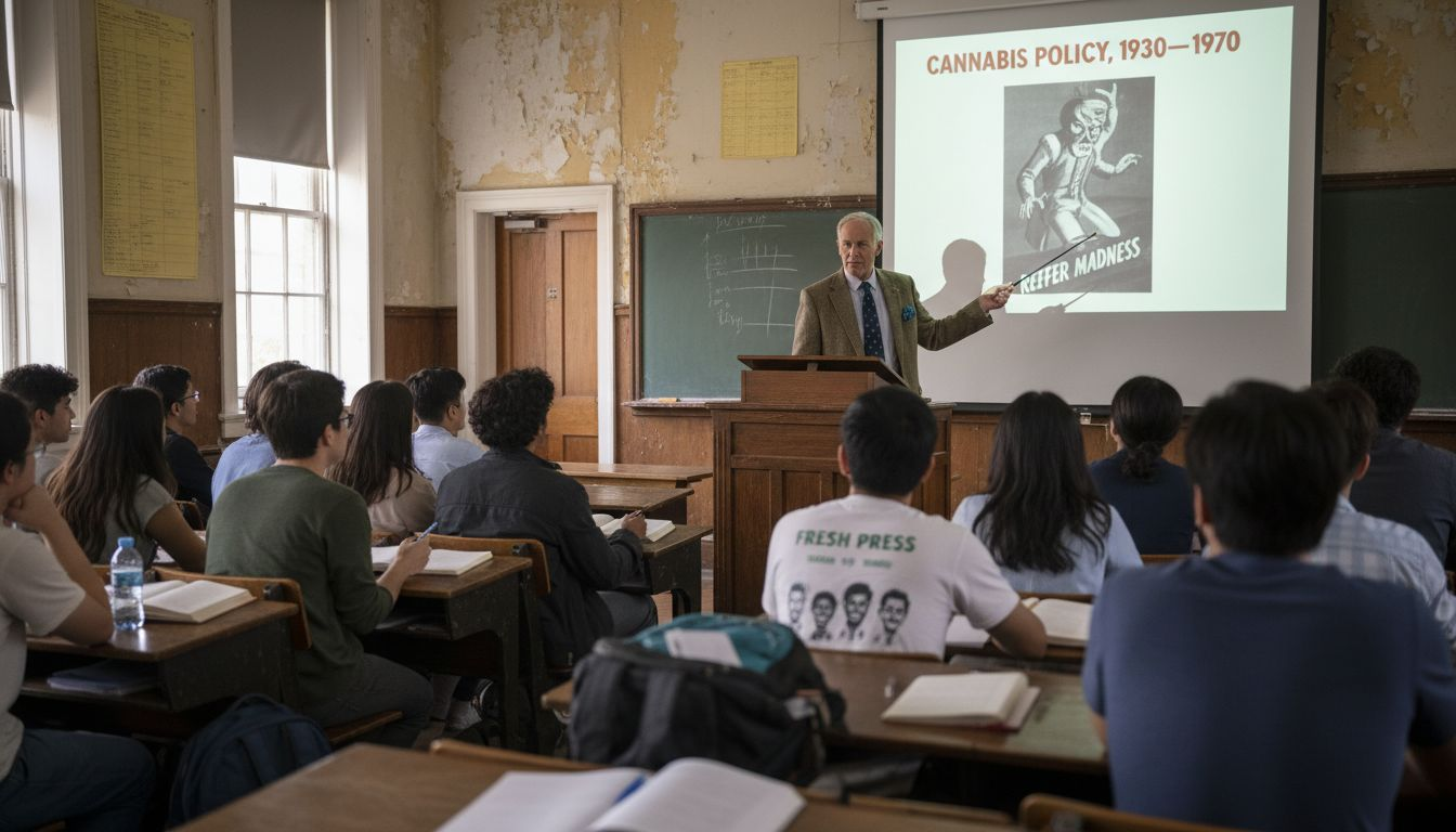 History professor teaching about cannabis stigma roots