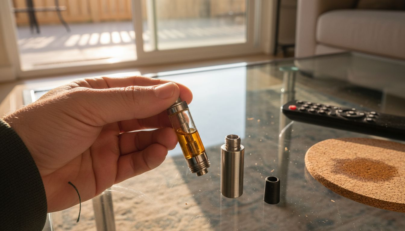 Hand holds disassembled cannabis cartridge components