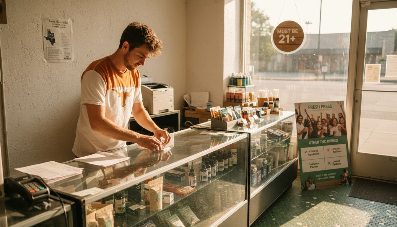 Clerk arranging hemp products in Texas shop