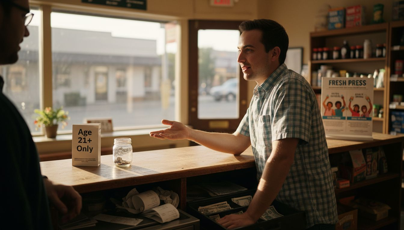 Cashier checking ID at retail cannabis counter