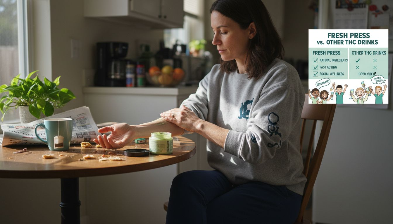 Woman using hemp topical in kitchen