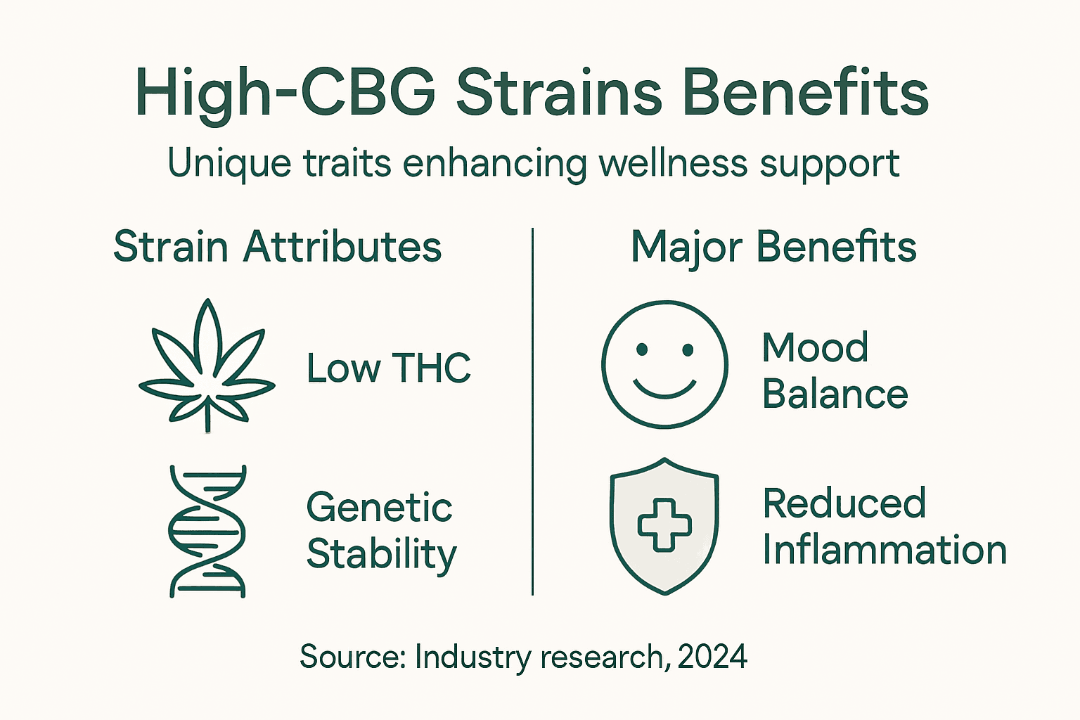 Infographic summarizing high-CBG strain benefits and features