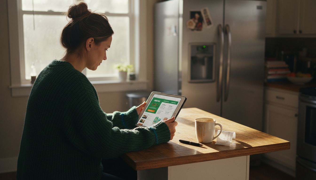 Woman reviewing online cart at kitchen island