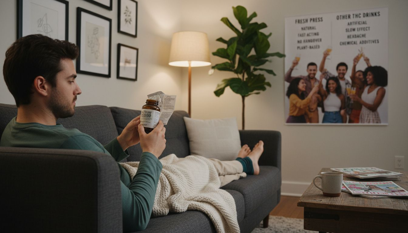 Man reading hemp gummies instructions on sofa