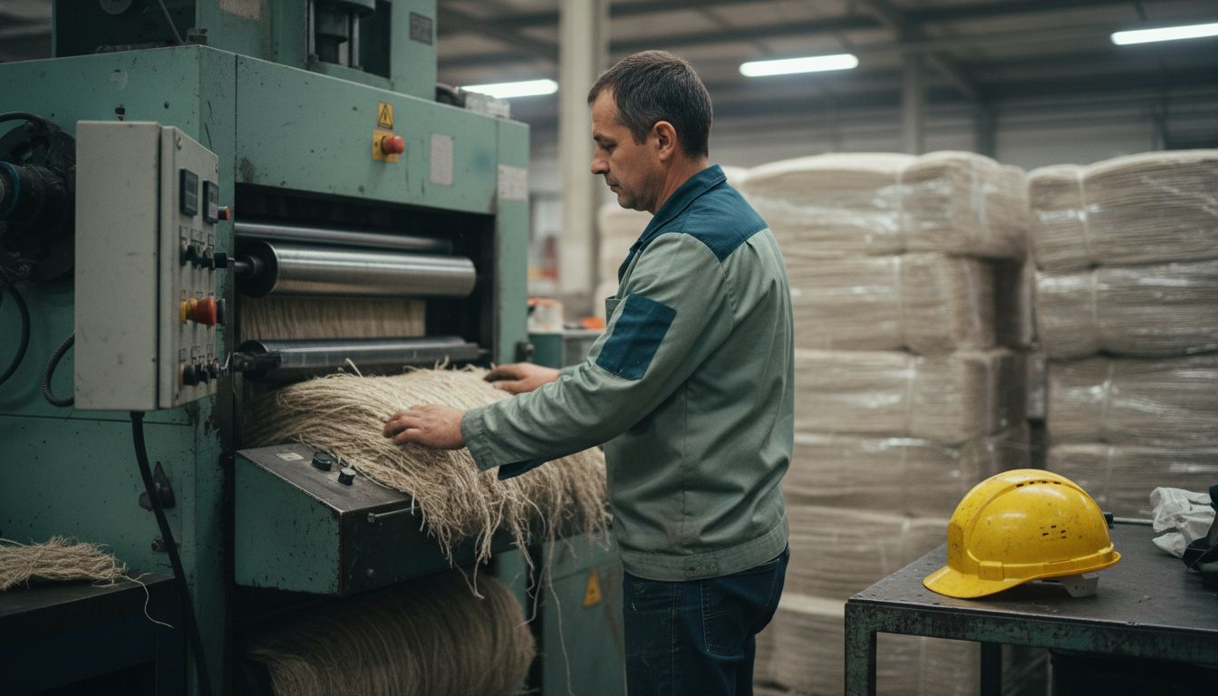 Worker processing hemp fibers in factory