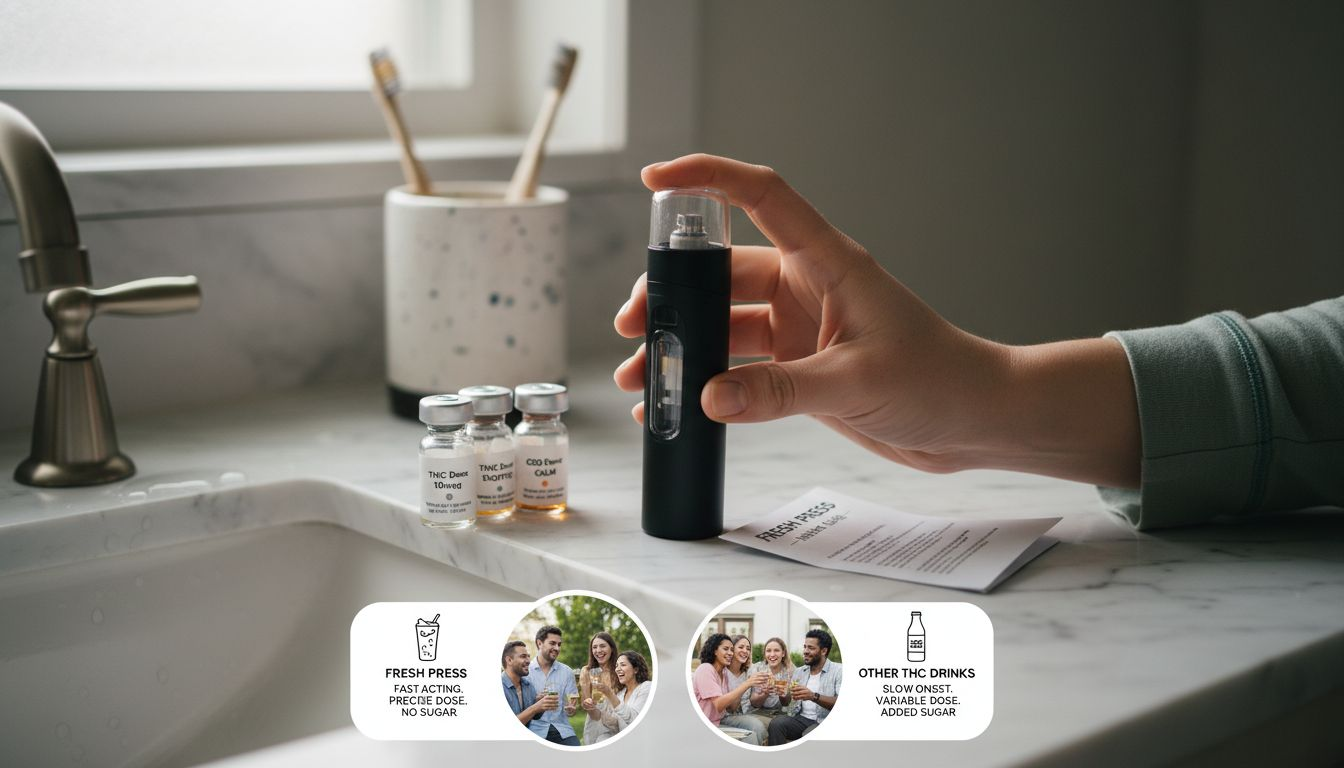 THC inhaler and labeled vials on countertop