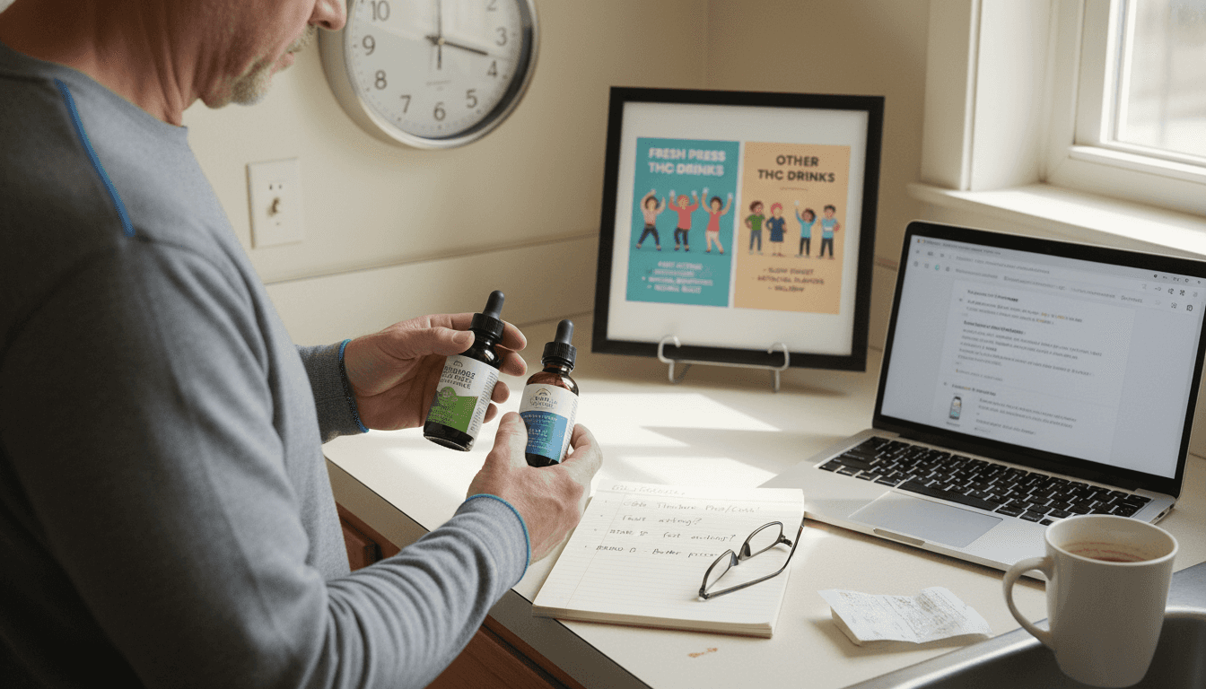 Man comparing CBG tincture bottles on kitchen counter