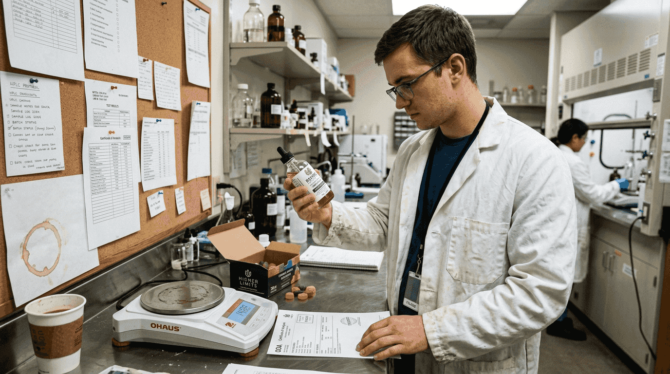 Lab technician verifying hemp product safety certificate