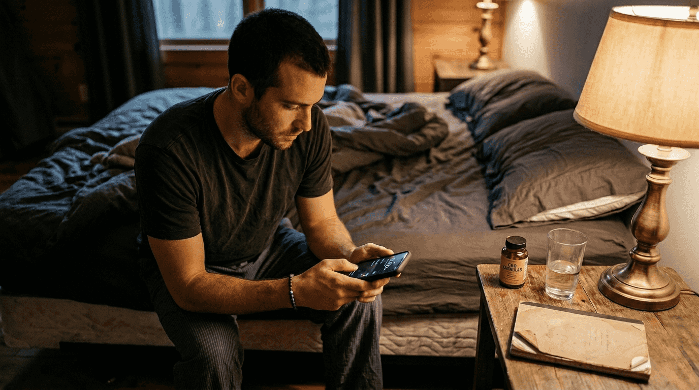 Man with CBD capsules on nightstand before sleep