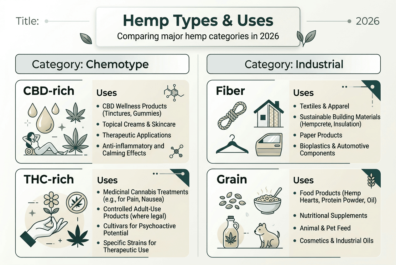Infographic illustrating hemp types and uses