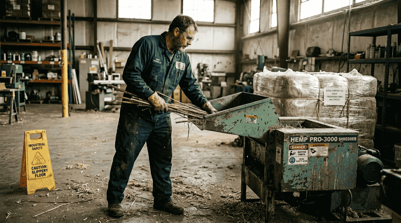 Worker processing hemp fiber stalks