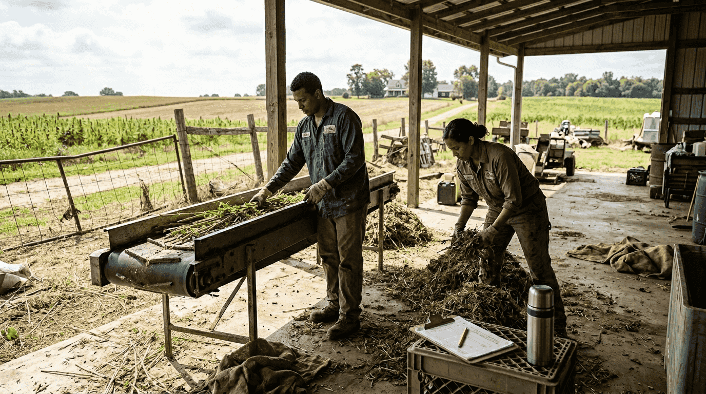Workers process hemp stalks in rural facility
