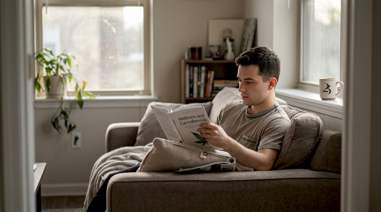 Man reading about cannabinoids at home