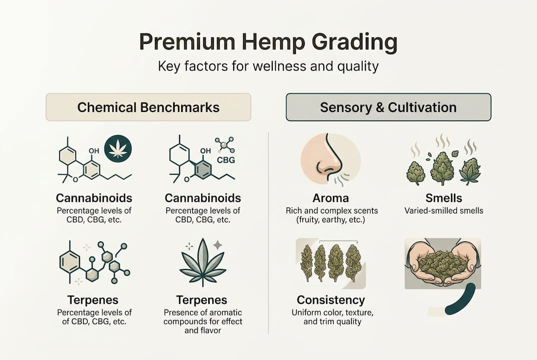 Infographic showing key hemp grading criteria