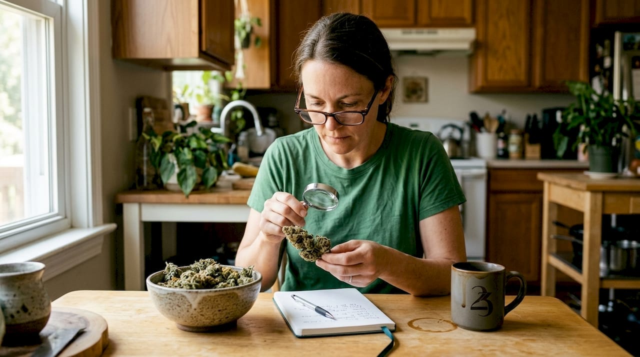 Woman closely examining hemp flowers at table