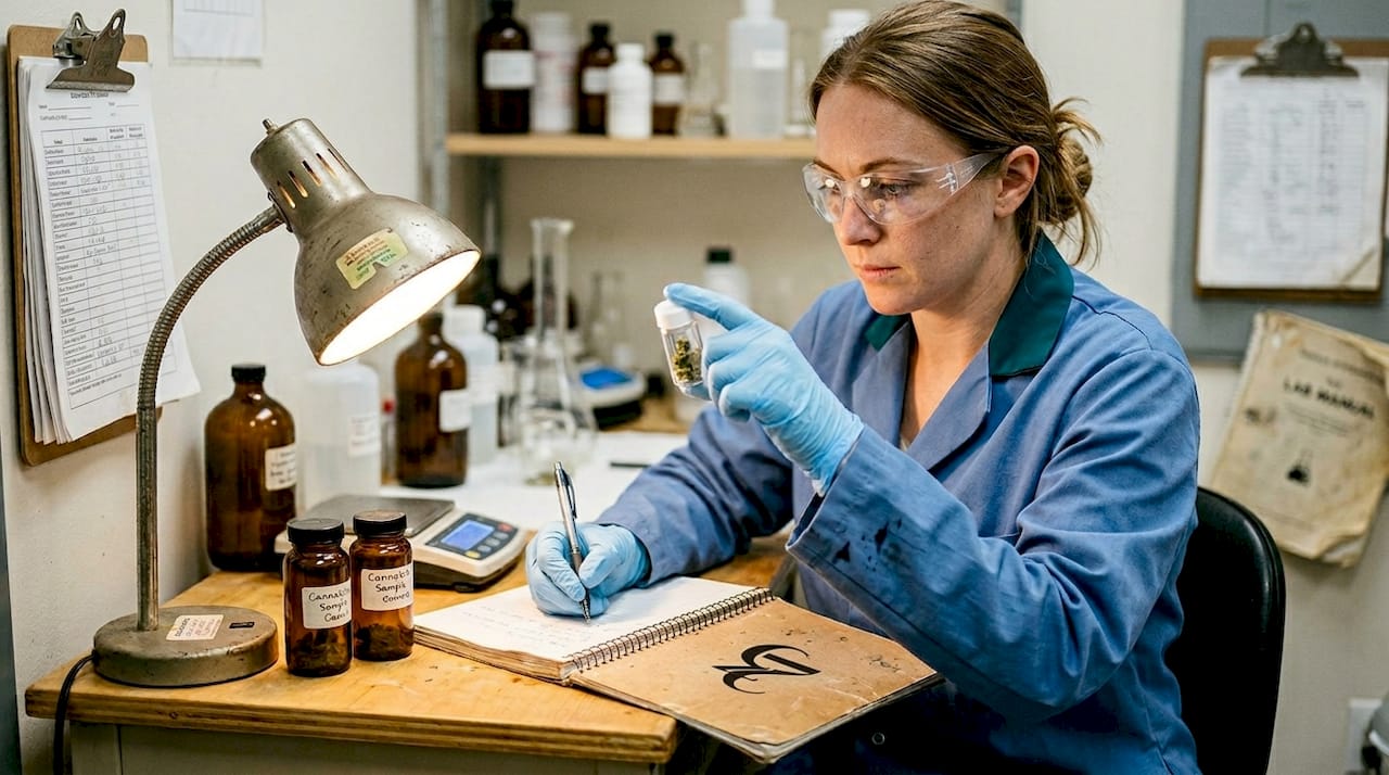 Lab analyst examining cannabis sample at desk