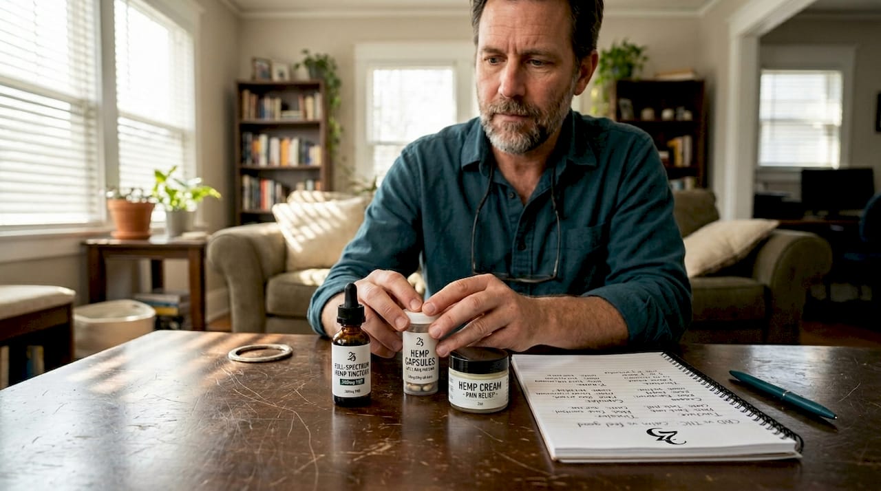 Man comparing different hemp product types at table