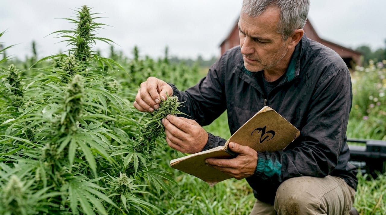 Agronomist inspecting hemp crop in open field