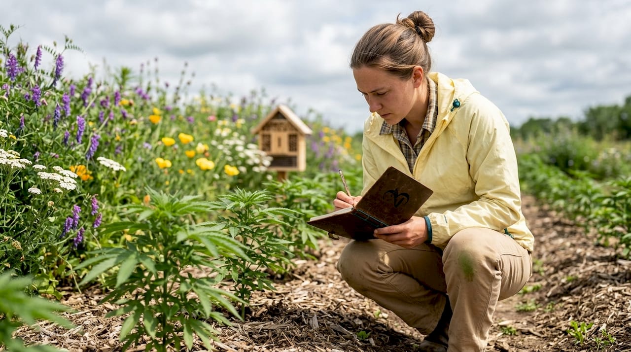 Agronomist taking notes in biodiverse cannabis field