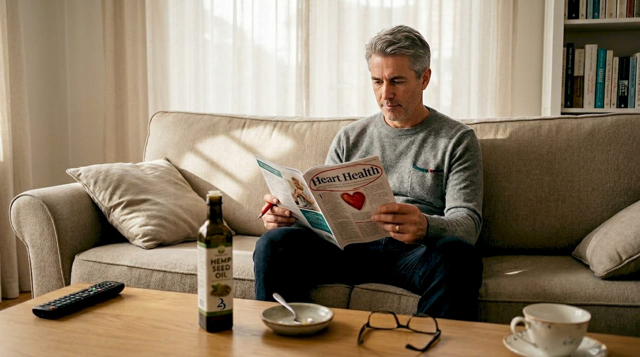 Man reading about hemp heart health