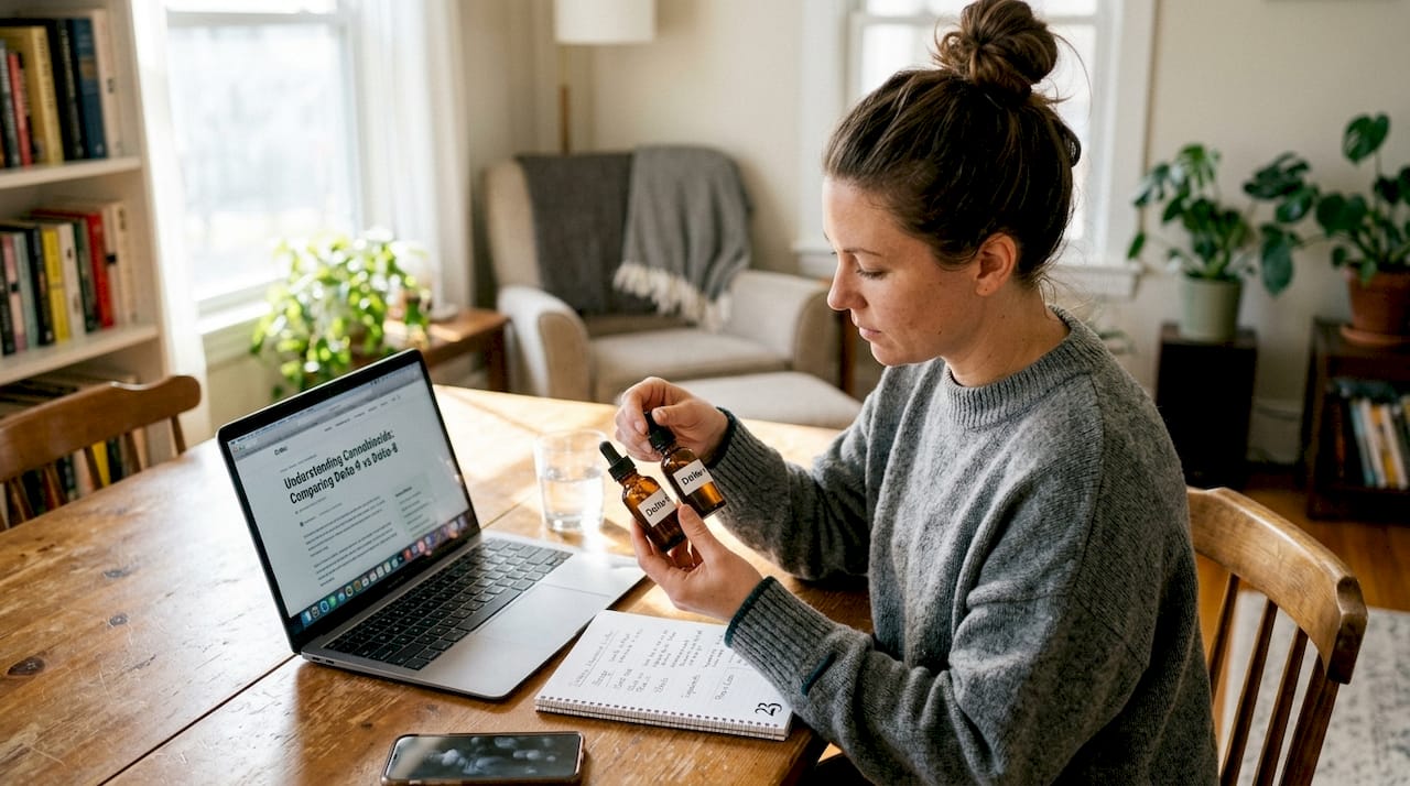 Woman comparing Delta-9 and Delta-8 dropper bottles