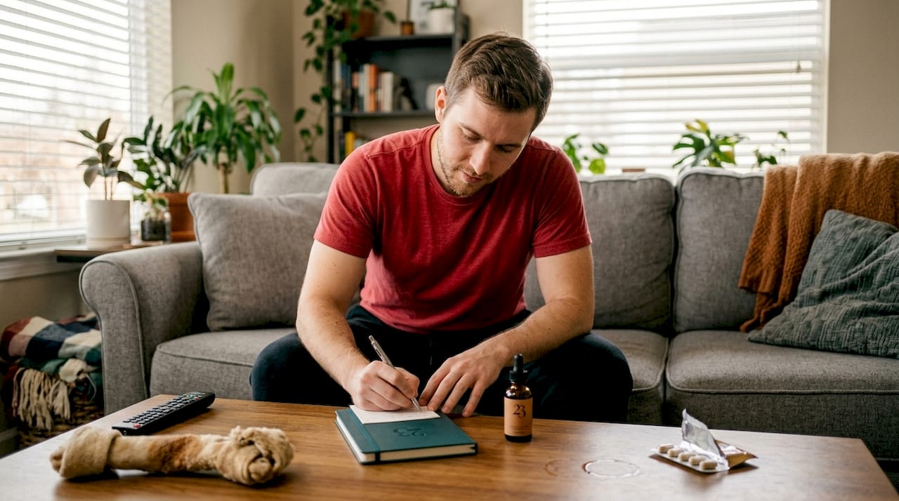 Man journaling after CBD use on sofa