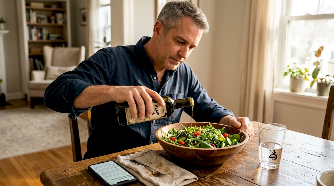 Man drizzling hemp oil on homemade salad