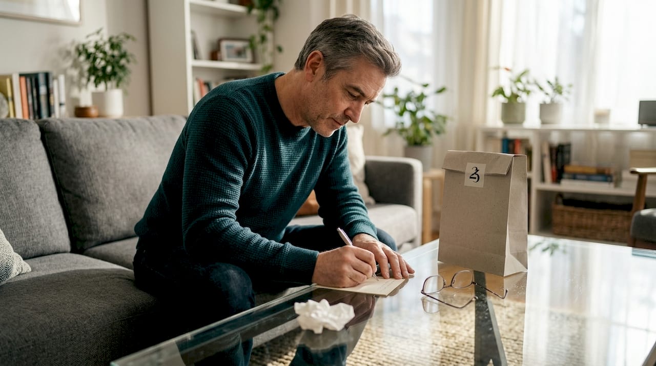 Man writing CBD gift etiquette card on sofa