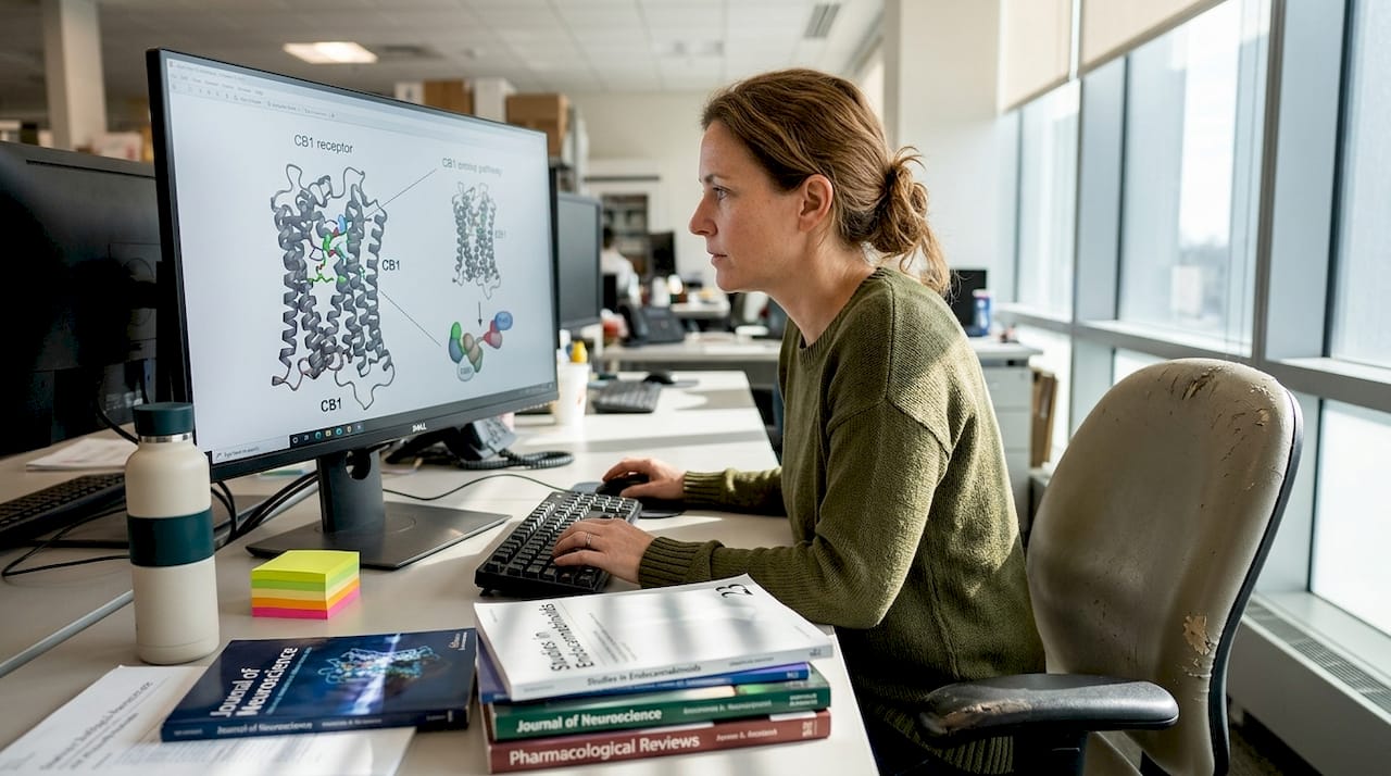 Neuroscientist reviewing cannabinoid receptor diagram