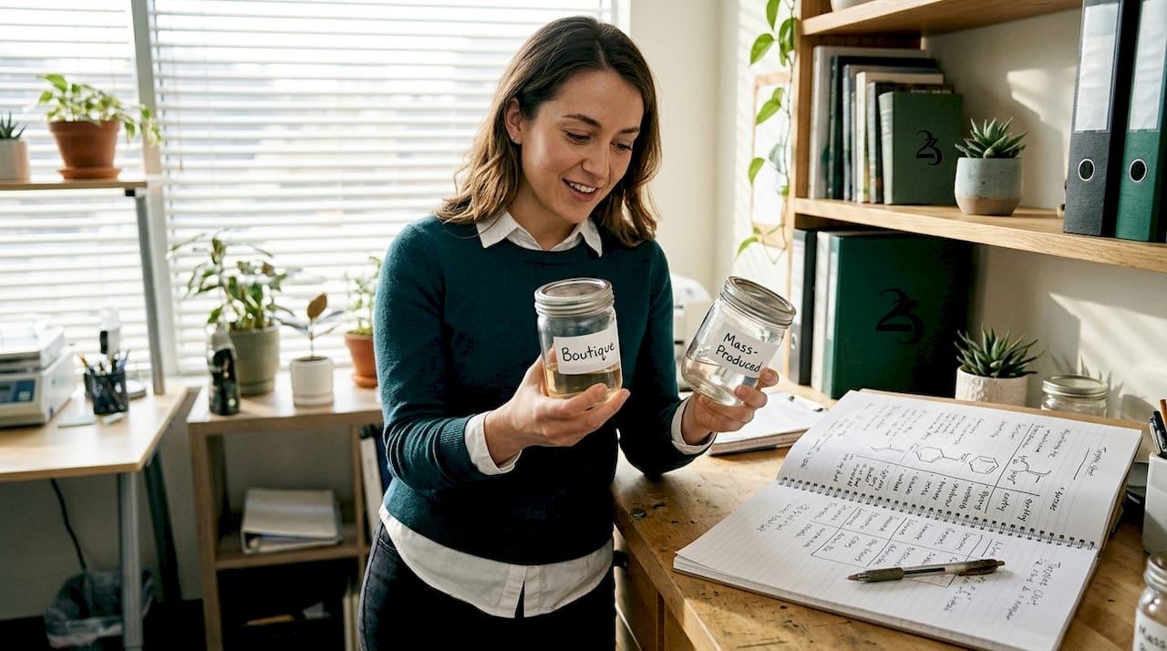 Employee comparing boutique and mass-market cannabis jars