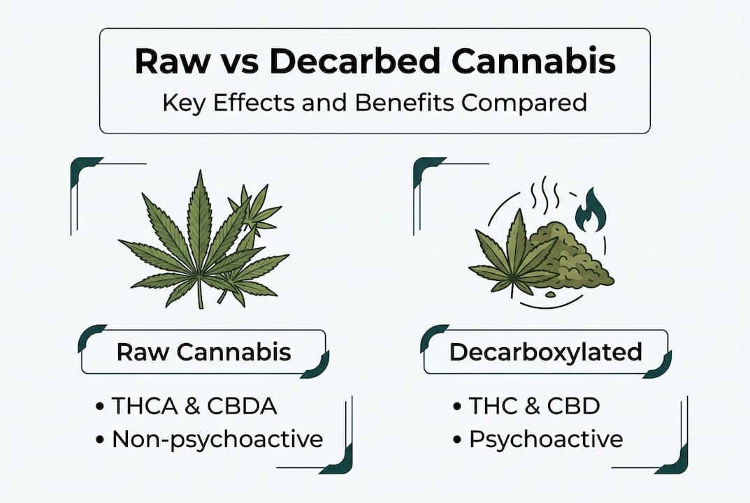 Infographic contrasting raw and decarbed cannabis