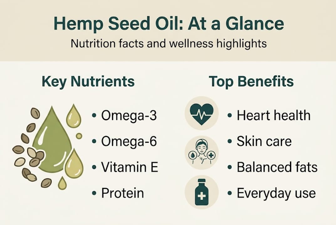 Infographic with hemp seed oil nutrients and benefits