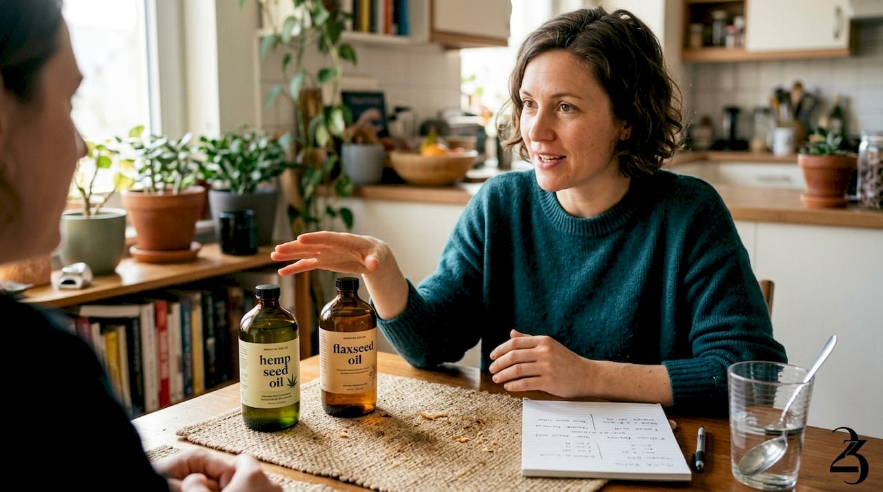 Comparing hemp seed and flaxseed oil bottles