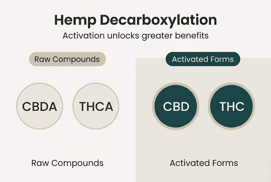 Infographic showing raw and activated hemp compounds