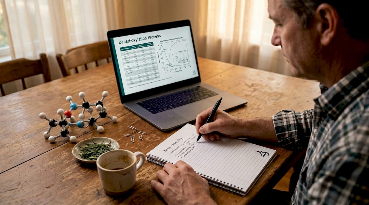 Man notes hemp chemistry with props on table