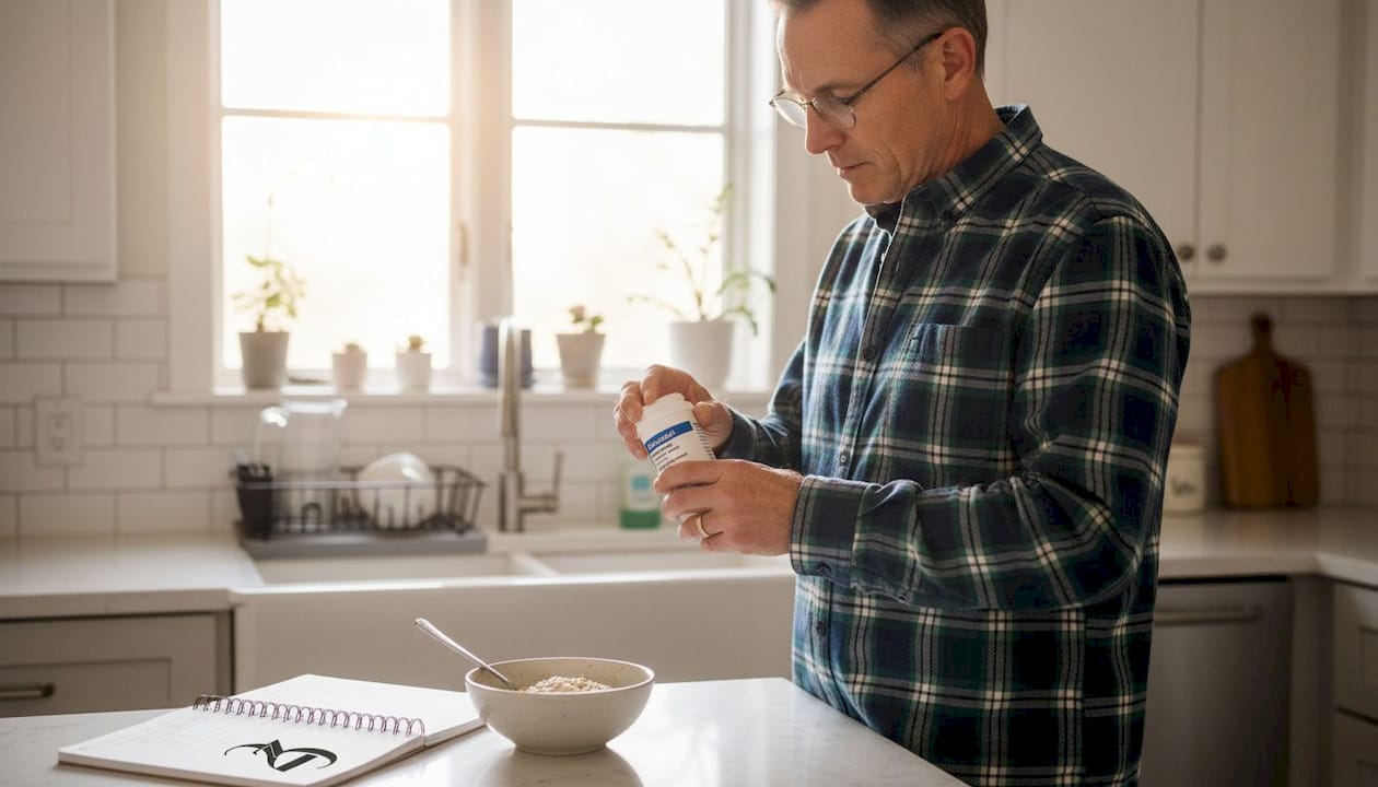 Man opening prescription and food journal in kitchen