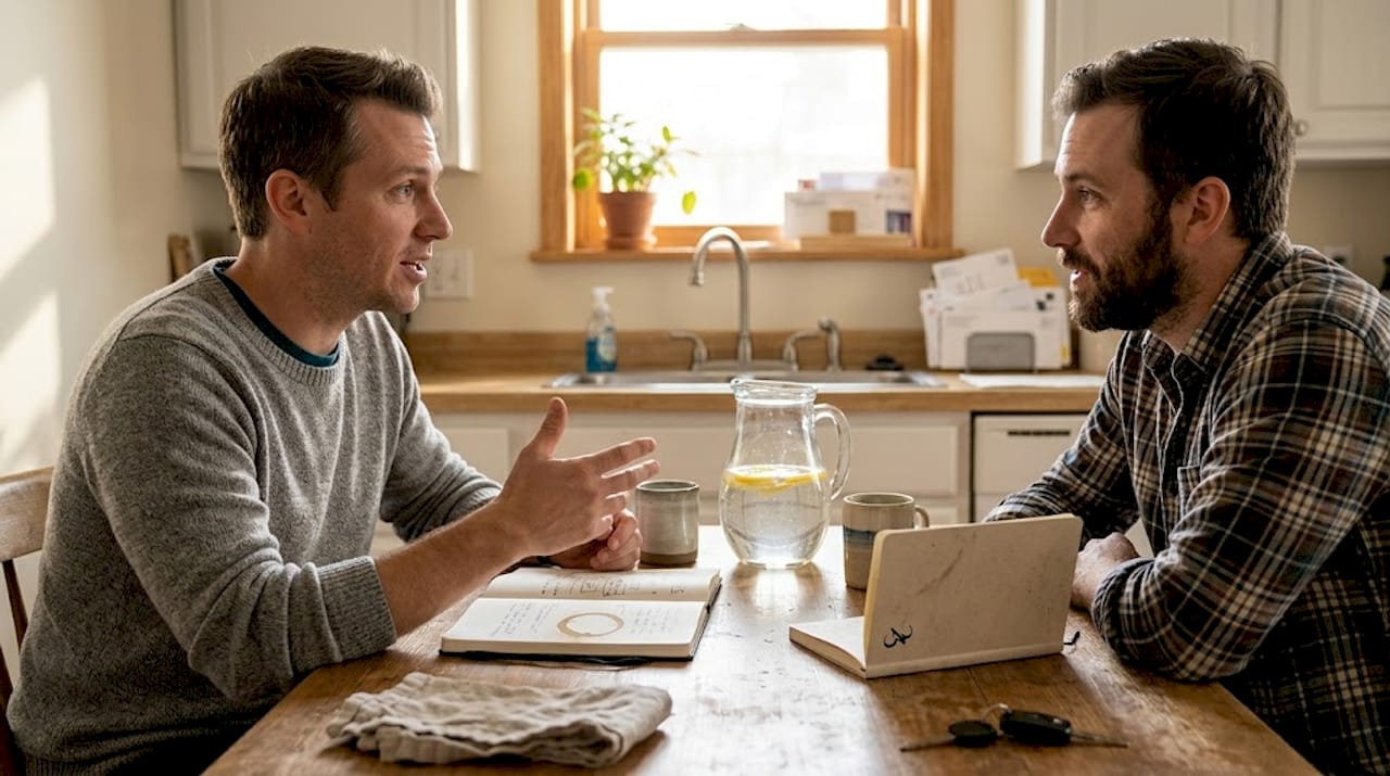 Two people discussing CBD at kitchen table