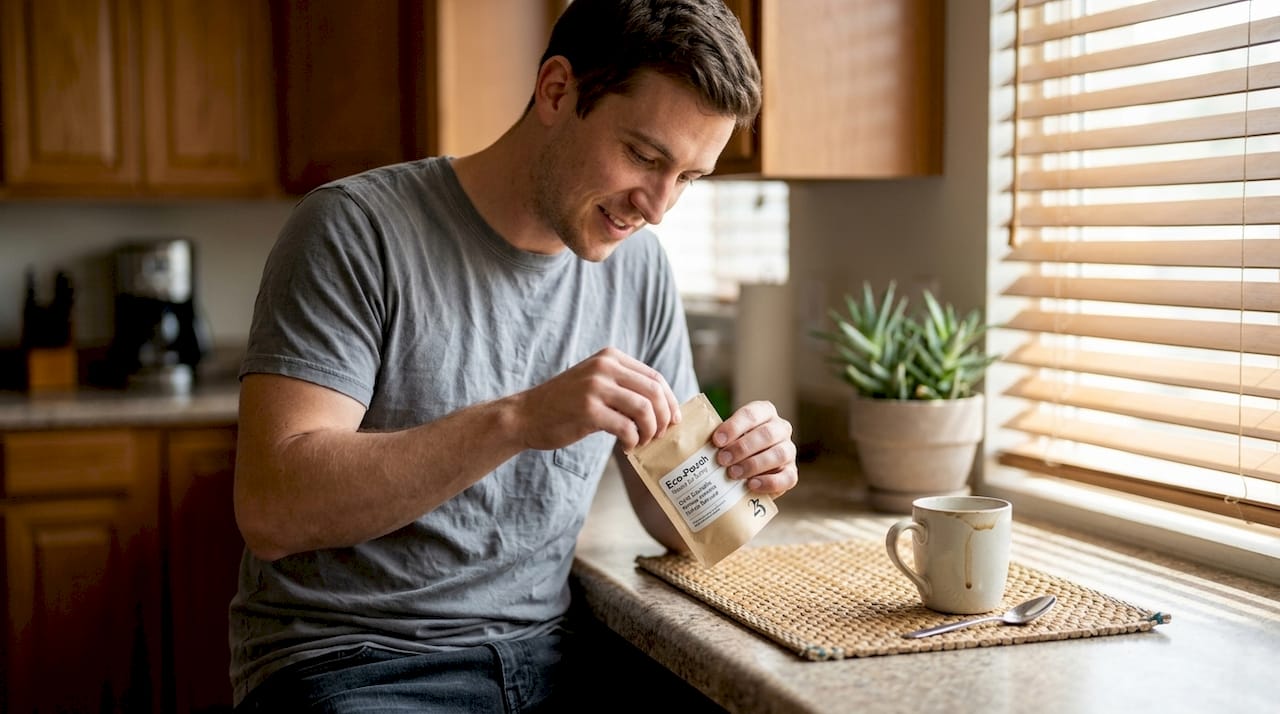 Person opening eco cannabis package at kitchen bar