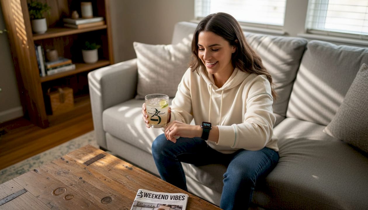 Woman checks watch waiting for cannabis drink