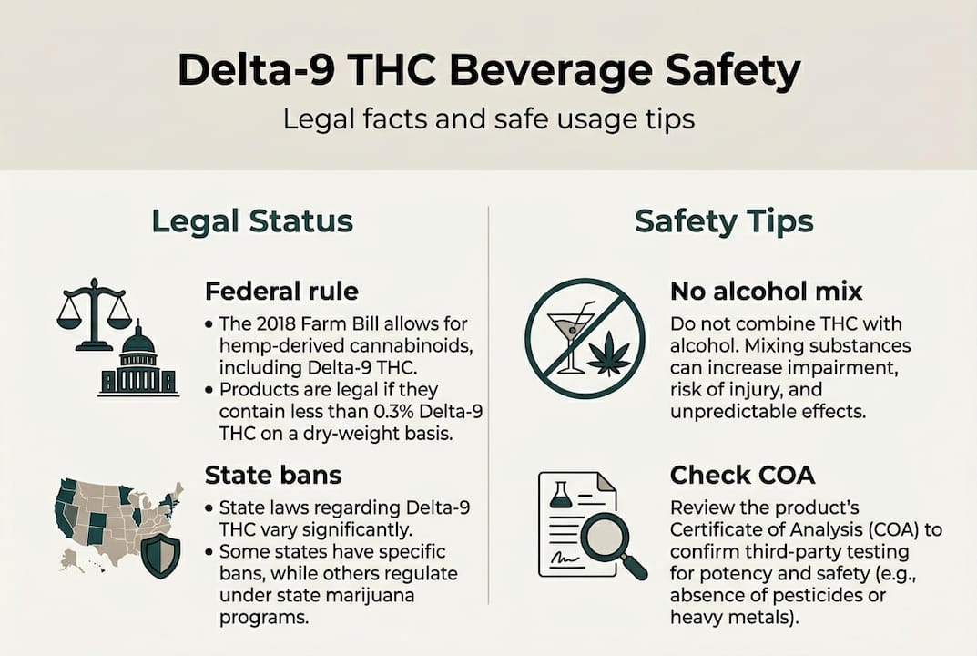 Infographic showing legal status and safety tips for Delta-9 drinks